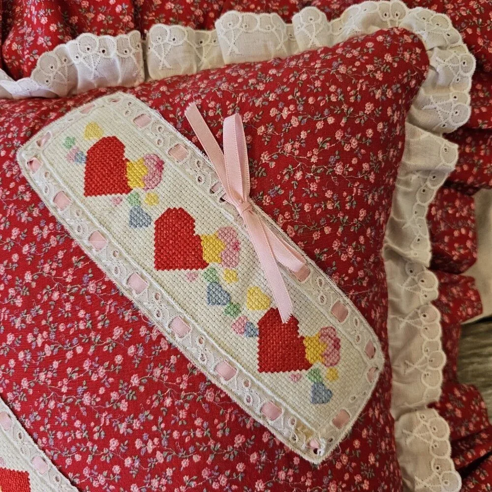 Vintage 80s 90s Carebears Pillow Brave Heart Lion‎ Cross Stitch Ruffle Floral